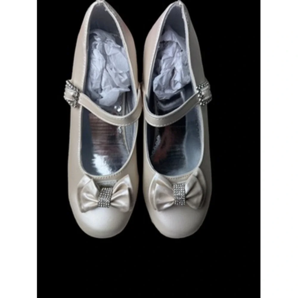 JOSMO‎ Girls Mary Jane Dress Shoes Size 3 Ivory Rhinestone Bow Block Heel Strap